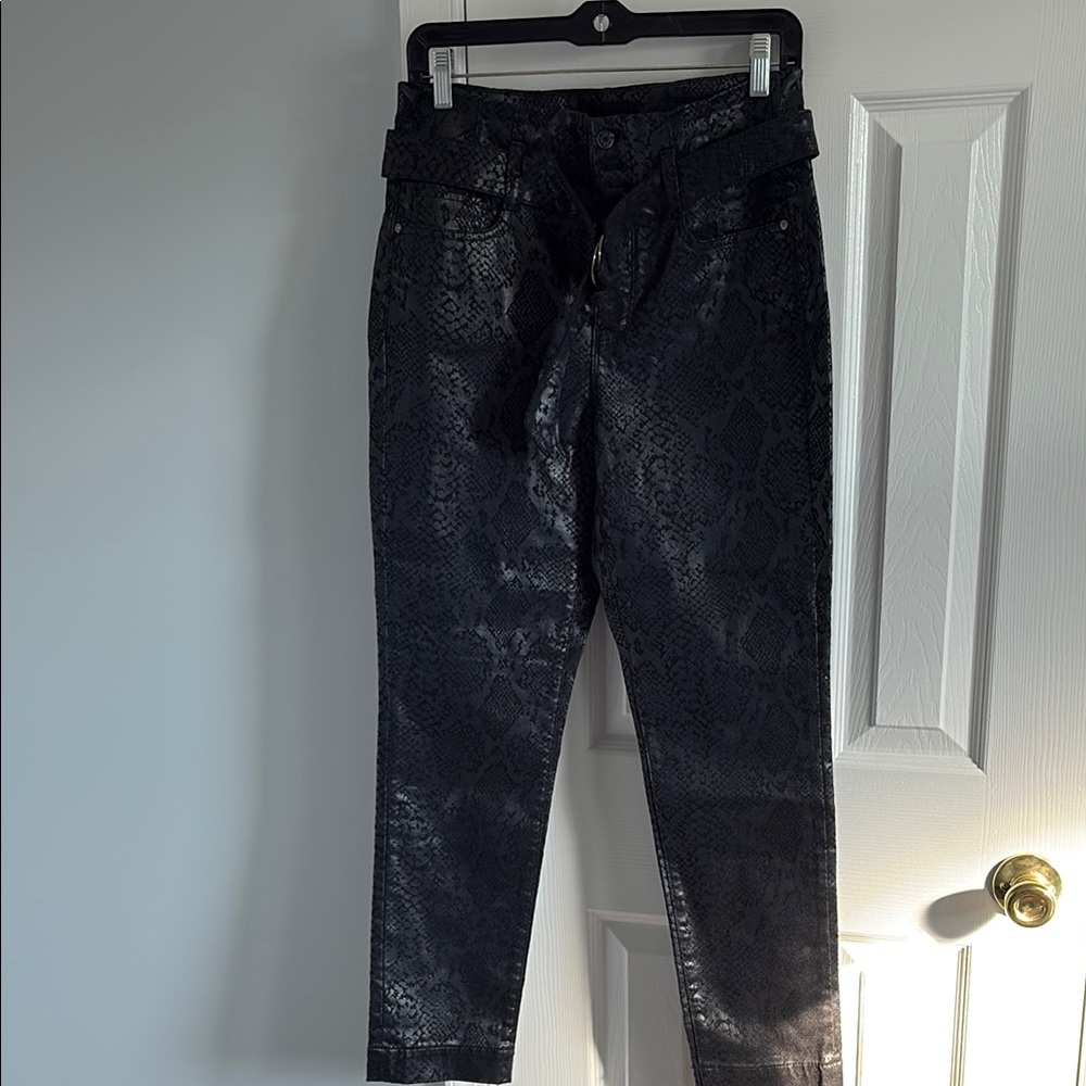 White House Black Market Extra High Rise Slim Ankle Black Snakeskin Belted Pants